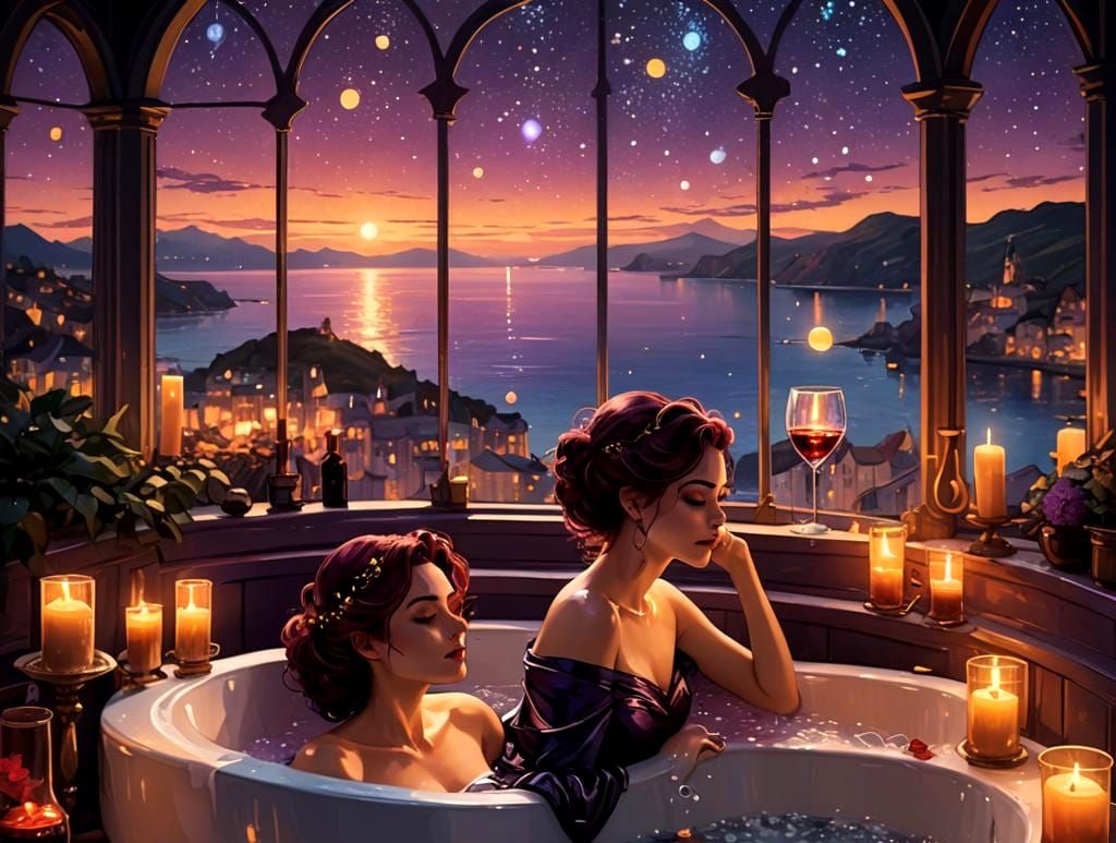 Nighttime Bubble Bath with Wine and Stars