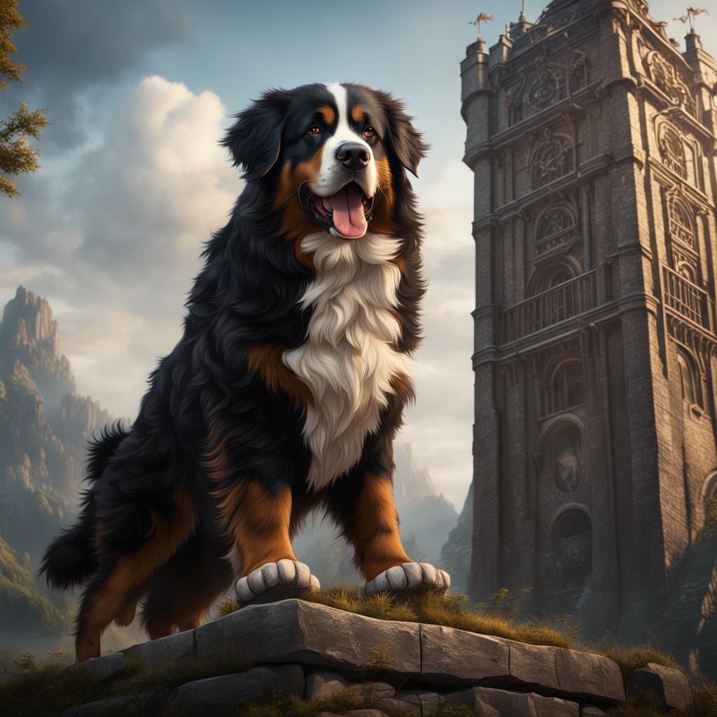 Giant Bernese Mountain Dog on Tower: Detailed Matte Painting