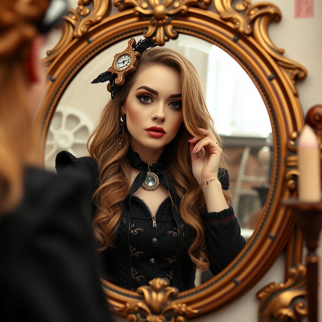 Steampunk Beauty Reflected in Ornate Victorian Mirror