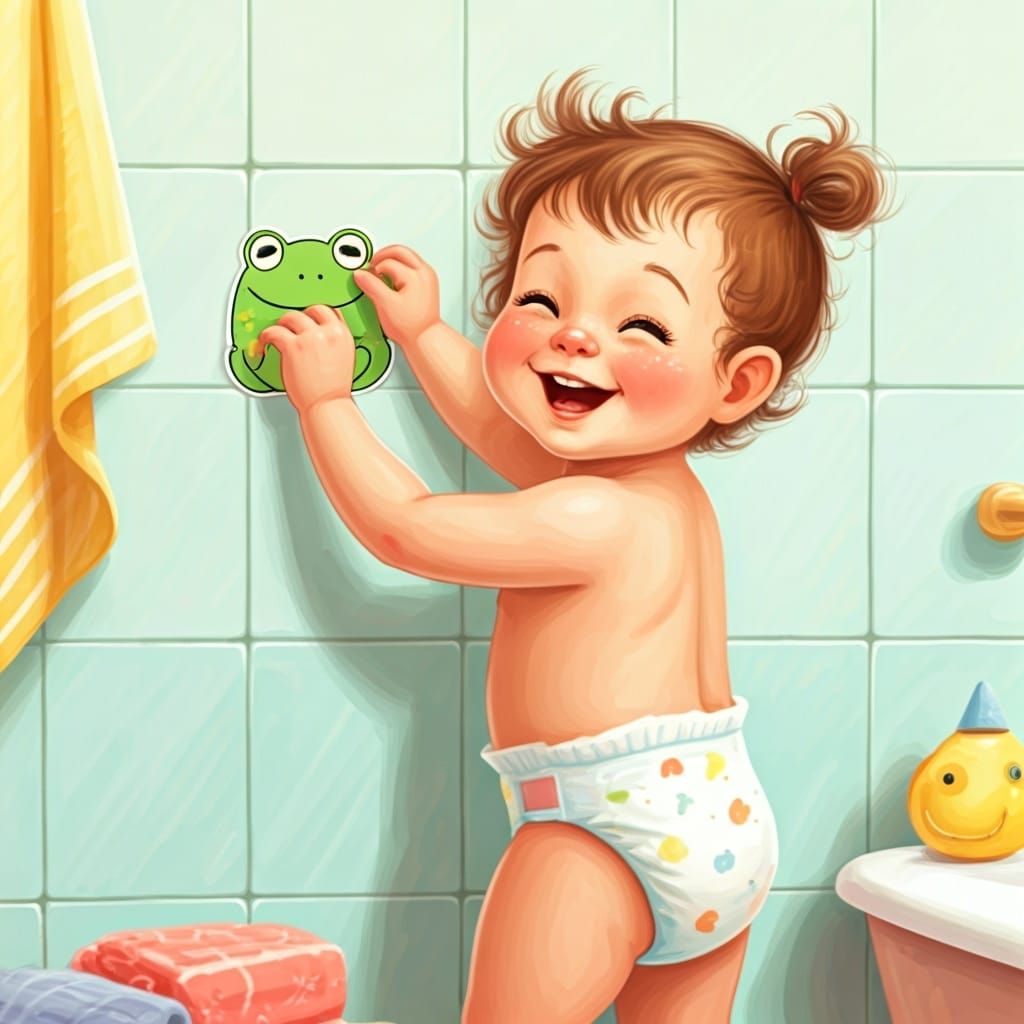 Toddler Sticks Frog Sticker in Cartoon Style