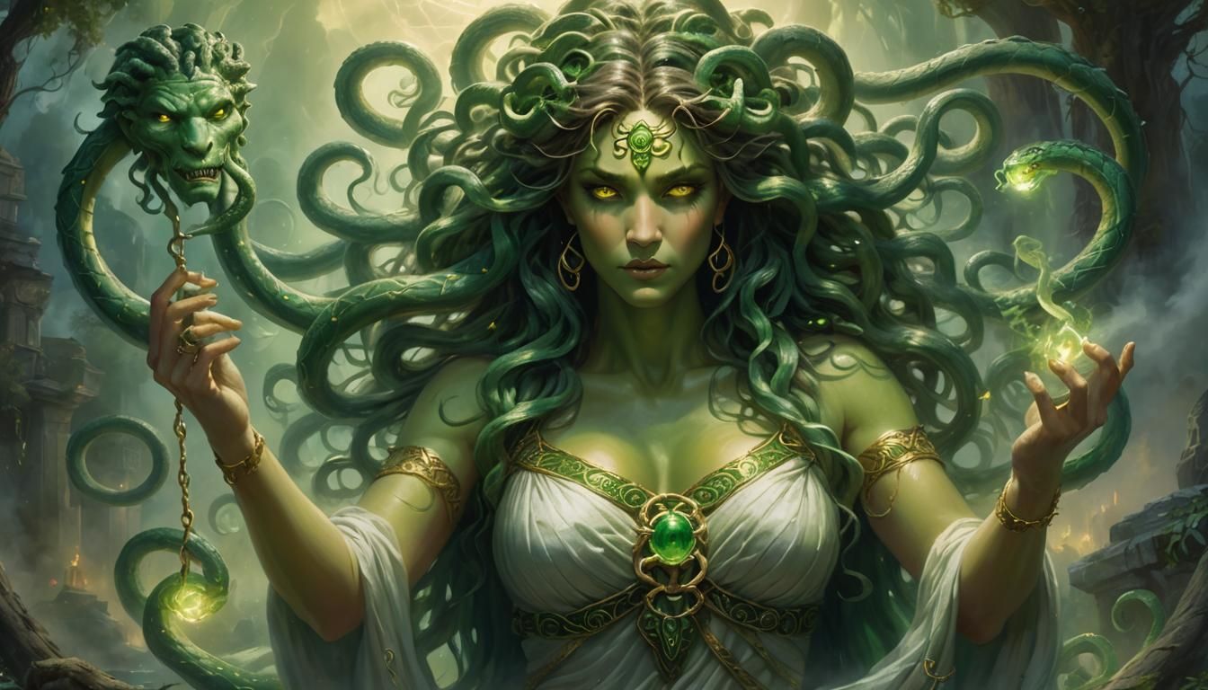 Medusa Holds Accountability Sign in Ethereal Art