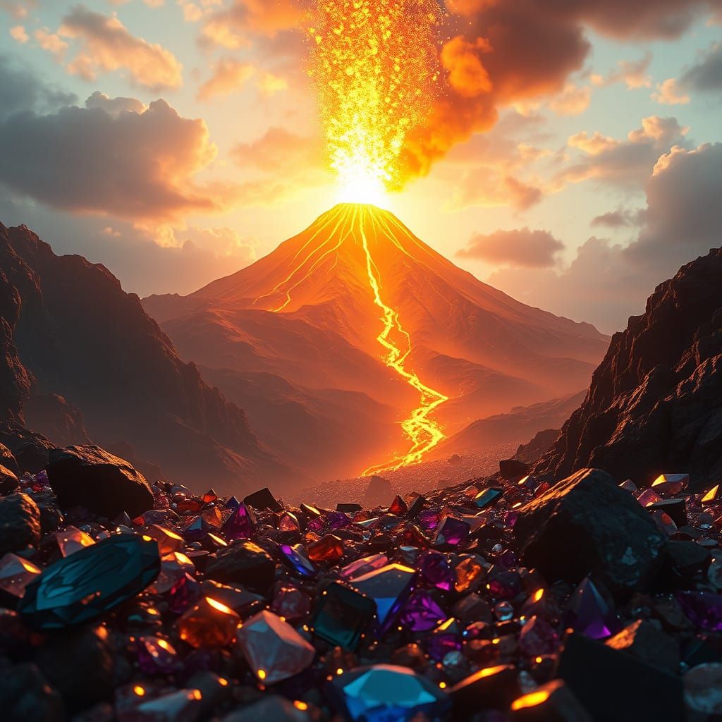Majestic Golden Volcano Erupts with Gemstones and Crystals i...