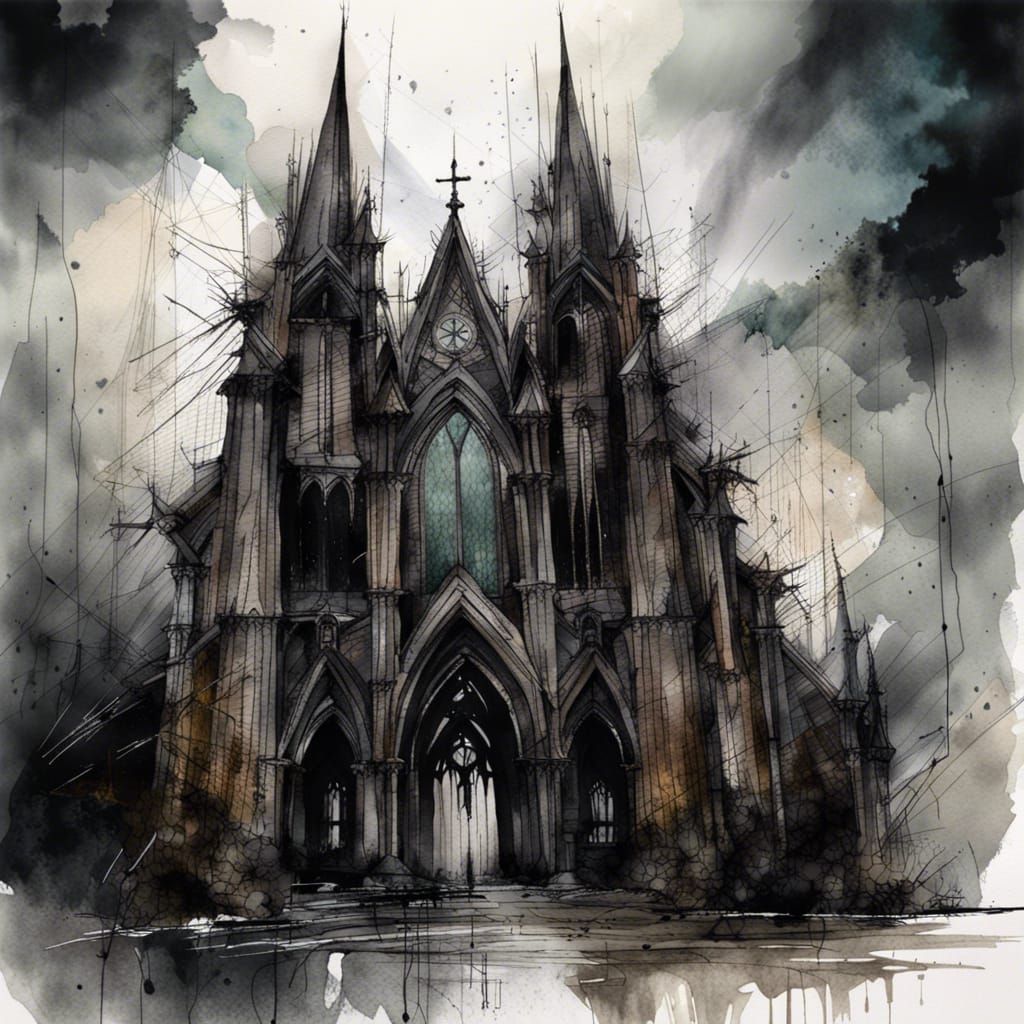 Gothic Cathedral in Rain: Watercolor and Sketch