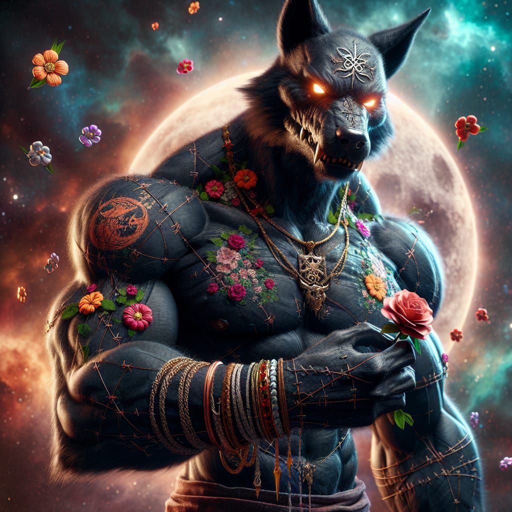 Fabric Werewolf with Floral Tattoos in Matte Painting