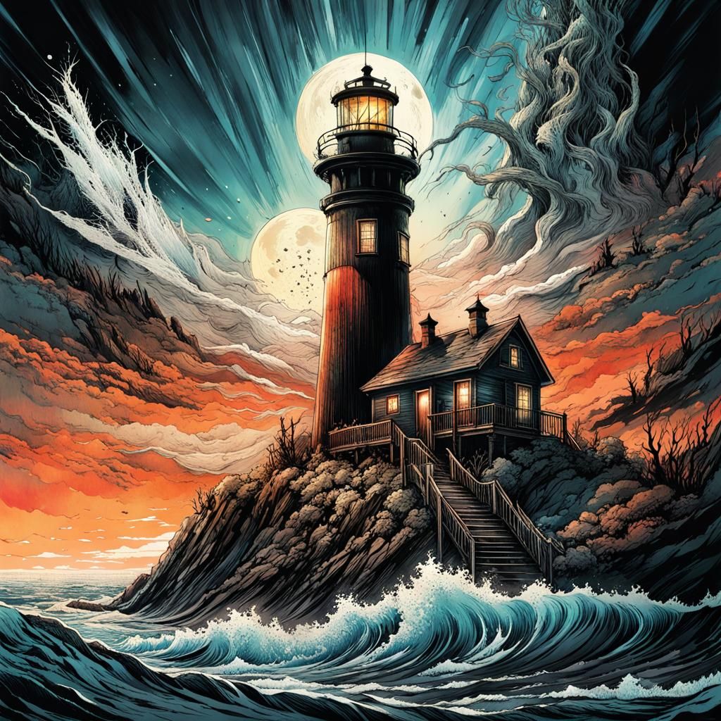 Surreal Lighthouse in Neo-Victorian Collage Style
