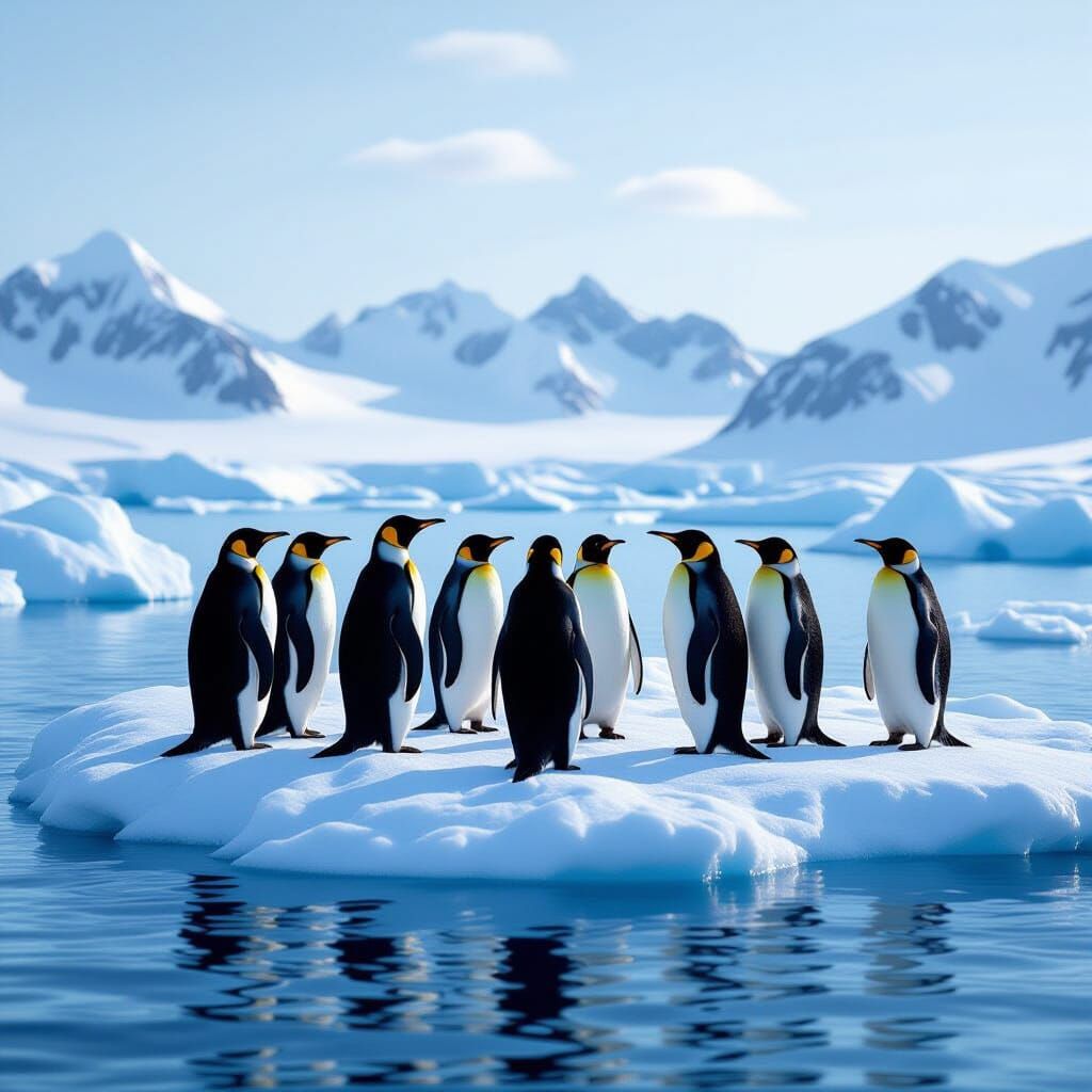 Penguins on Ice Floes Under Winter Sky