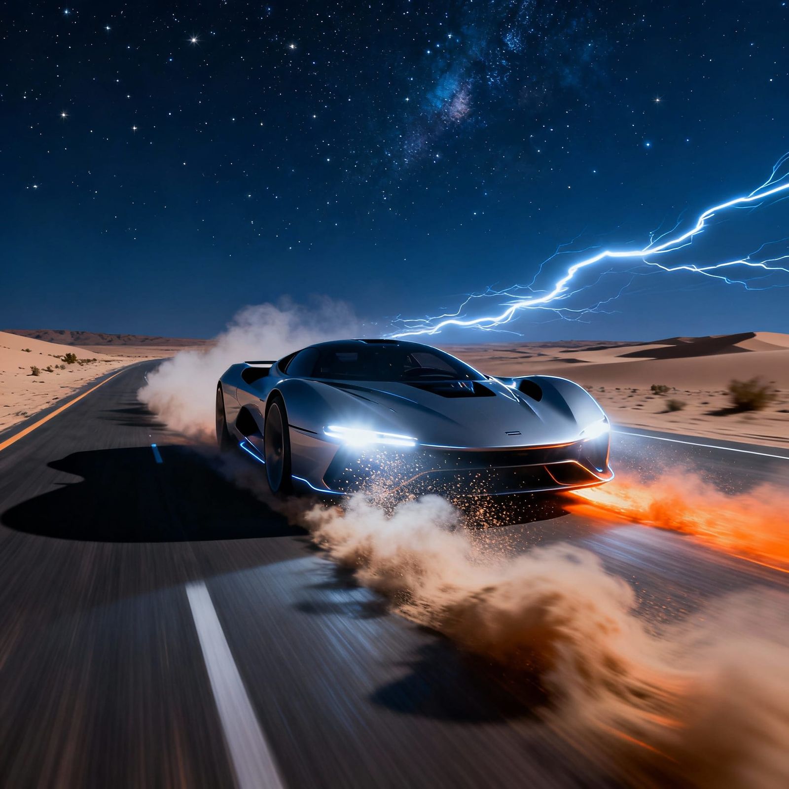 Futuristic Sports Car Speeds Down Desert Highway at Night