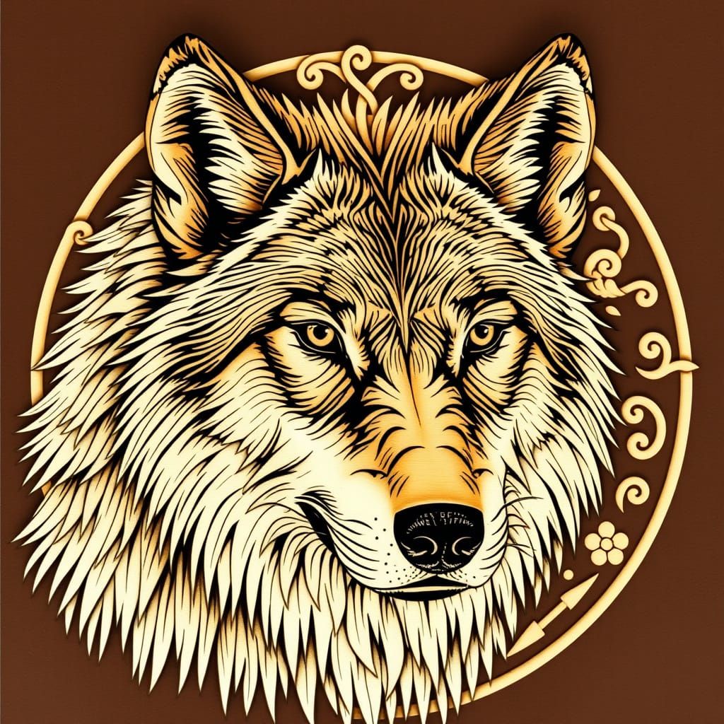 Whimsical Blockbuster Wolf Portrait in Celtic Pyrography Sty...