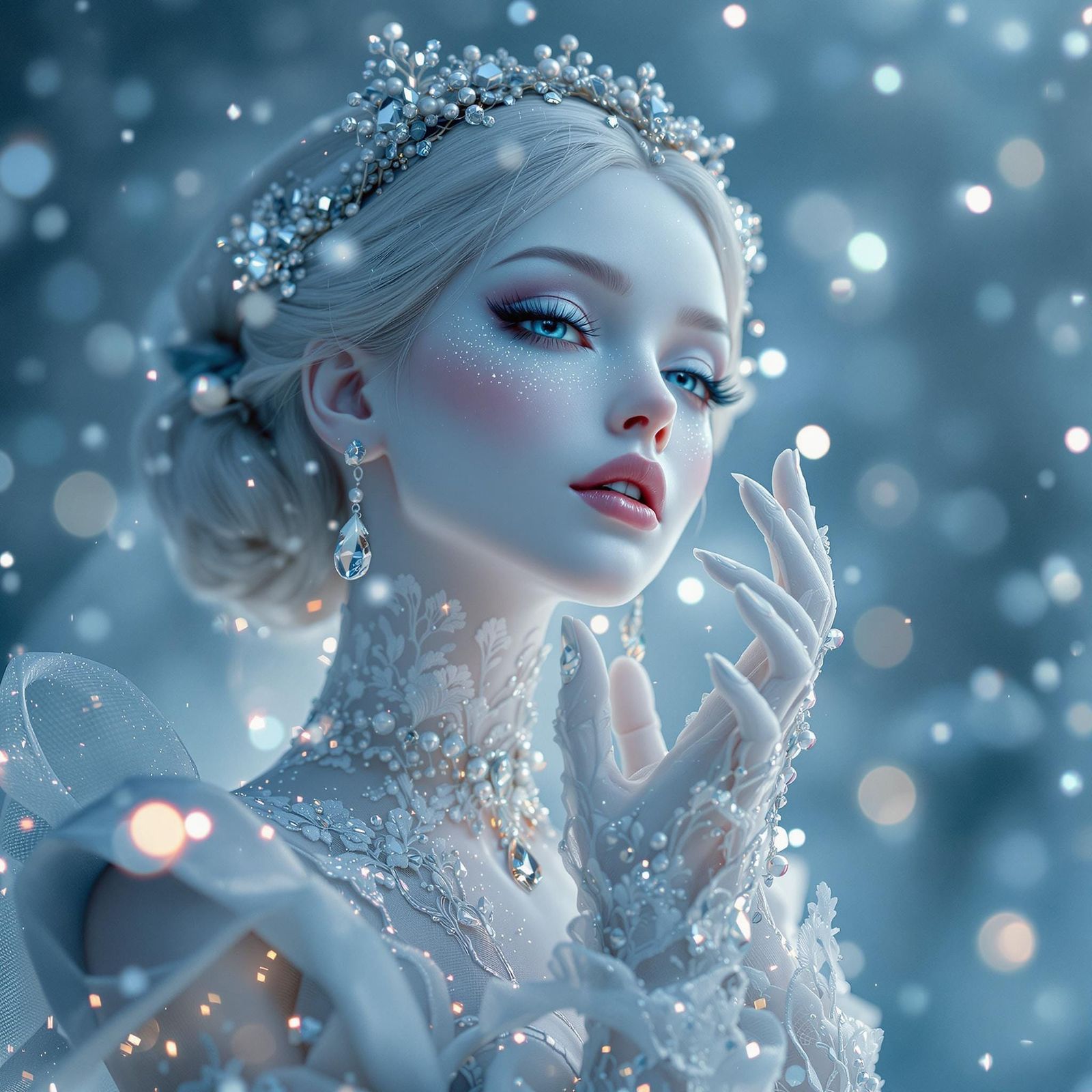 Icy Porcelain Doll Portrait in Hyper-Realistic Digital Art