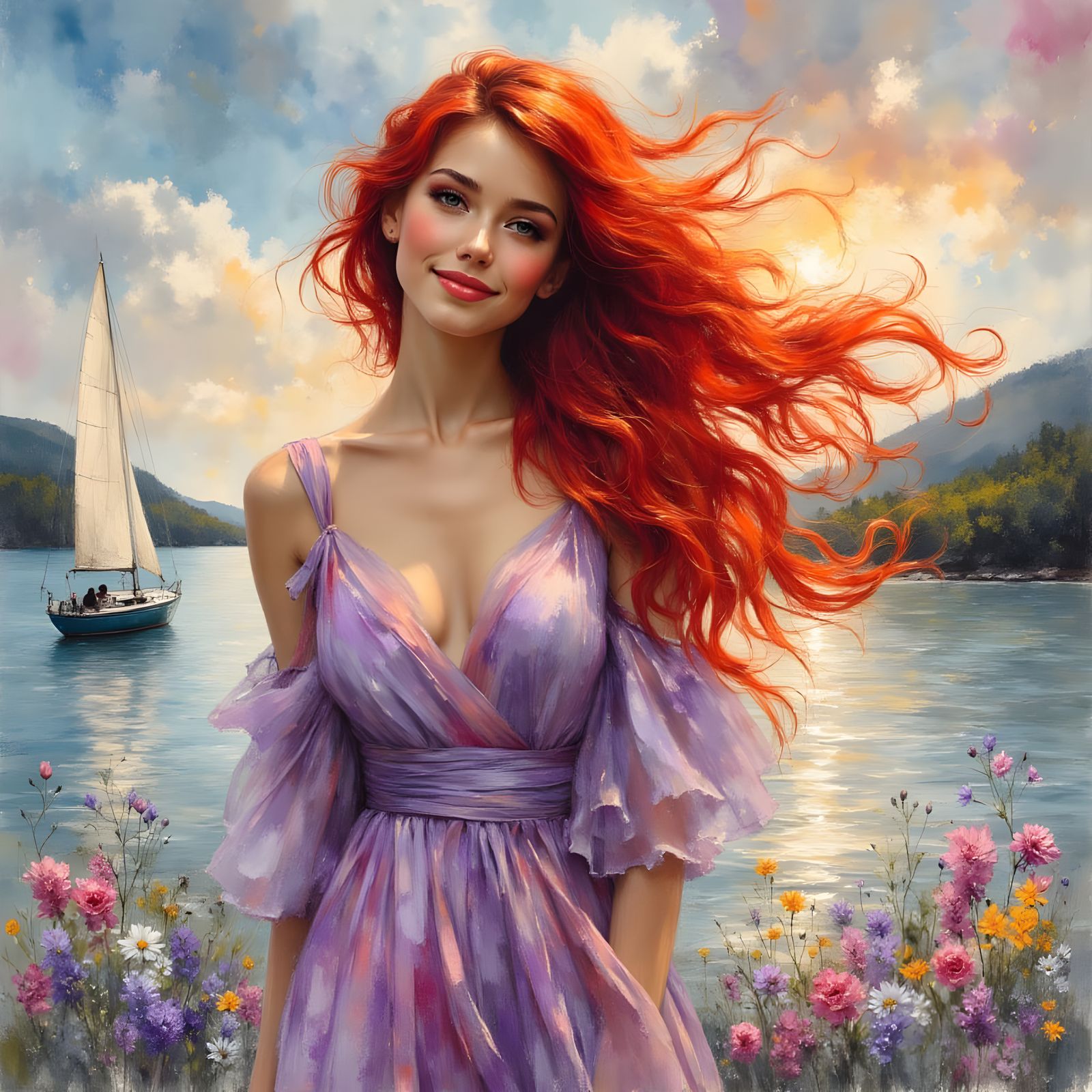 Happy Woman in Painterly Style Seaside