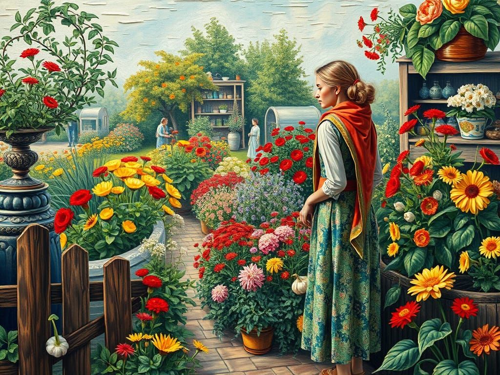 Whimsical Florist in a Vibrant Vegetable Garden Patchwork