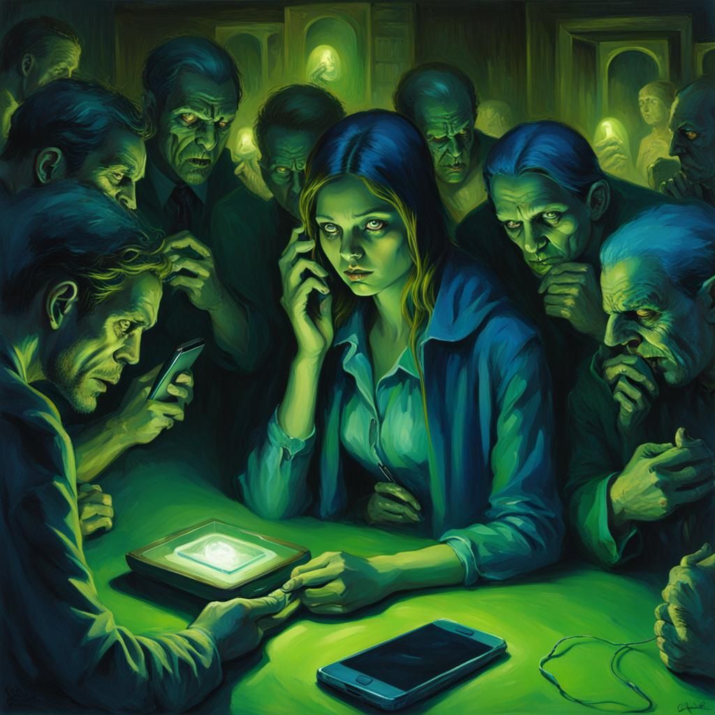 Modern Girl Surrounded by Men in Horror Art