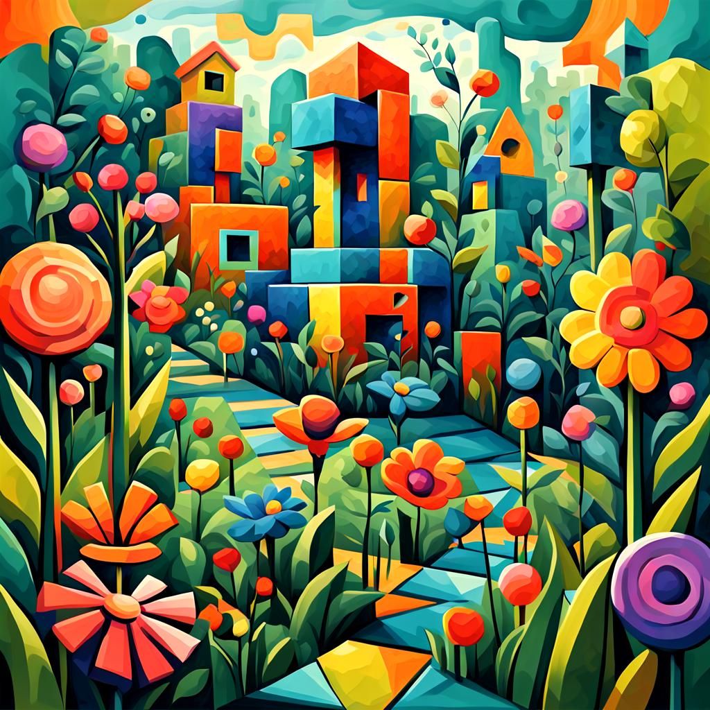 Geometric Garden in Whimsical Cubist Style