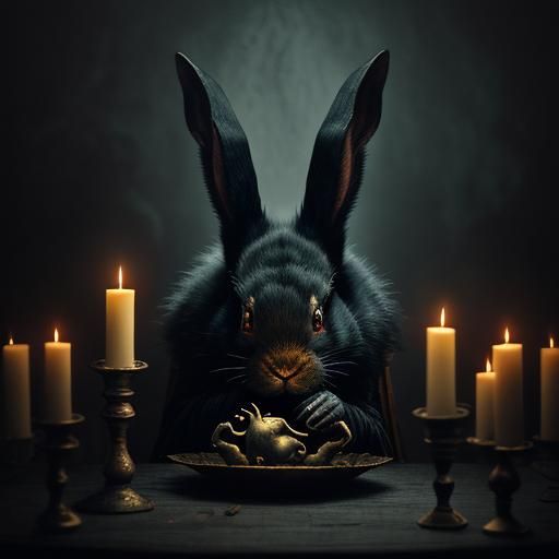 Dark Rabbit at Cursed Table in Gothic Art Style