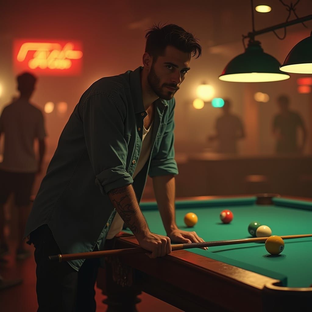 Cyberpunk Pool Player in Dimly Lit Hall
