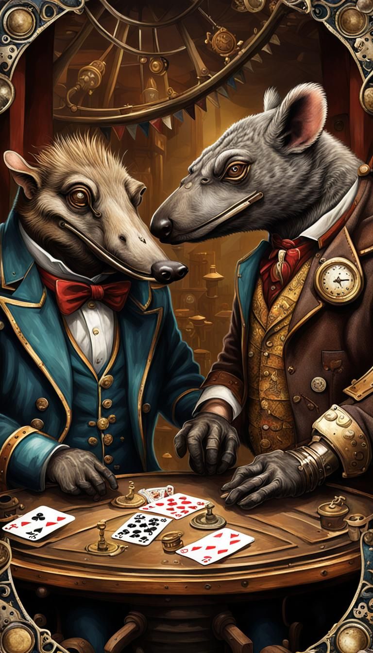 Platypus and Hyena Play Cards in Escher Park