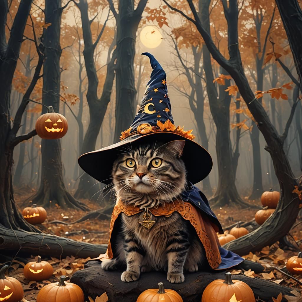 Whimsical Cat Witch in Autumn Forest: Fantasy Art