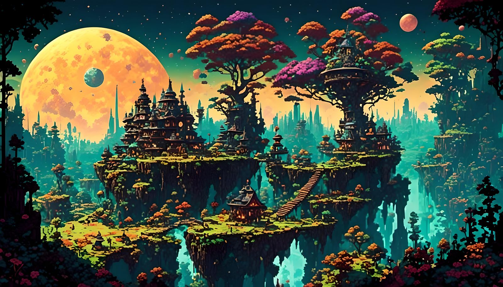 Cosmic Moon Resort in Psychedelic Pixel Art