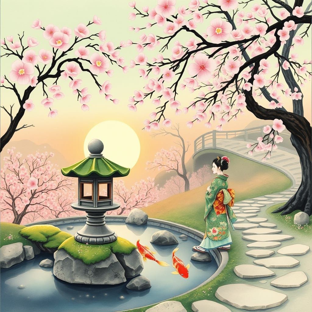 Tranquil Japanese Garden at Dawn with Geisha