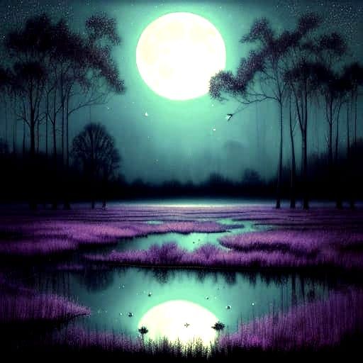 Fireflies Over Moonlit Swamp in Dreamy Oil Painting