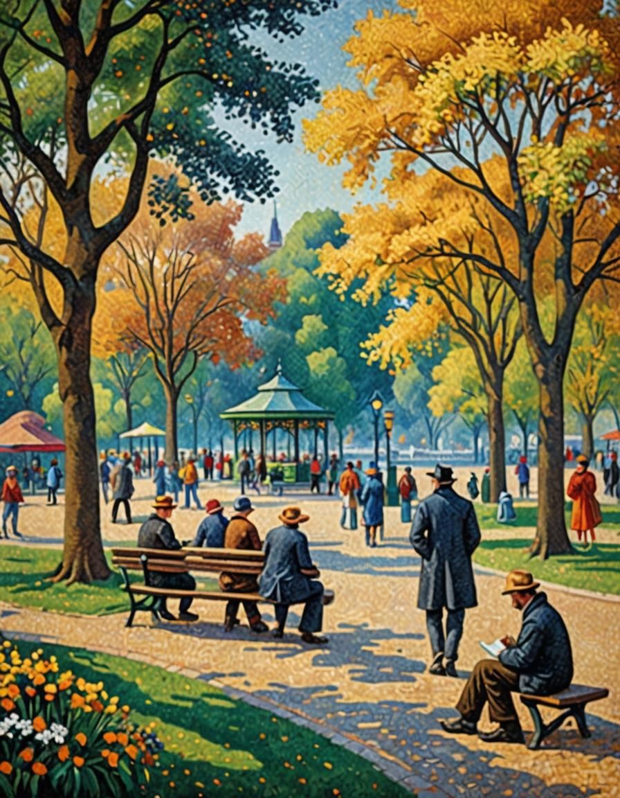 Pointillist Park Scene with Bronze Statue