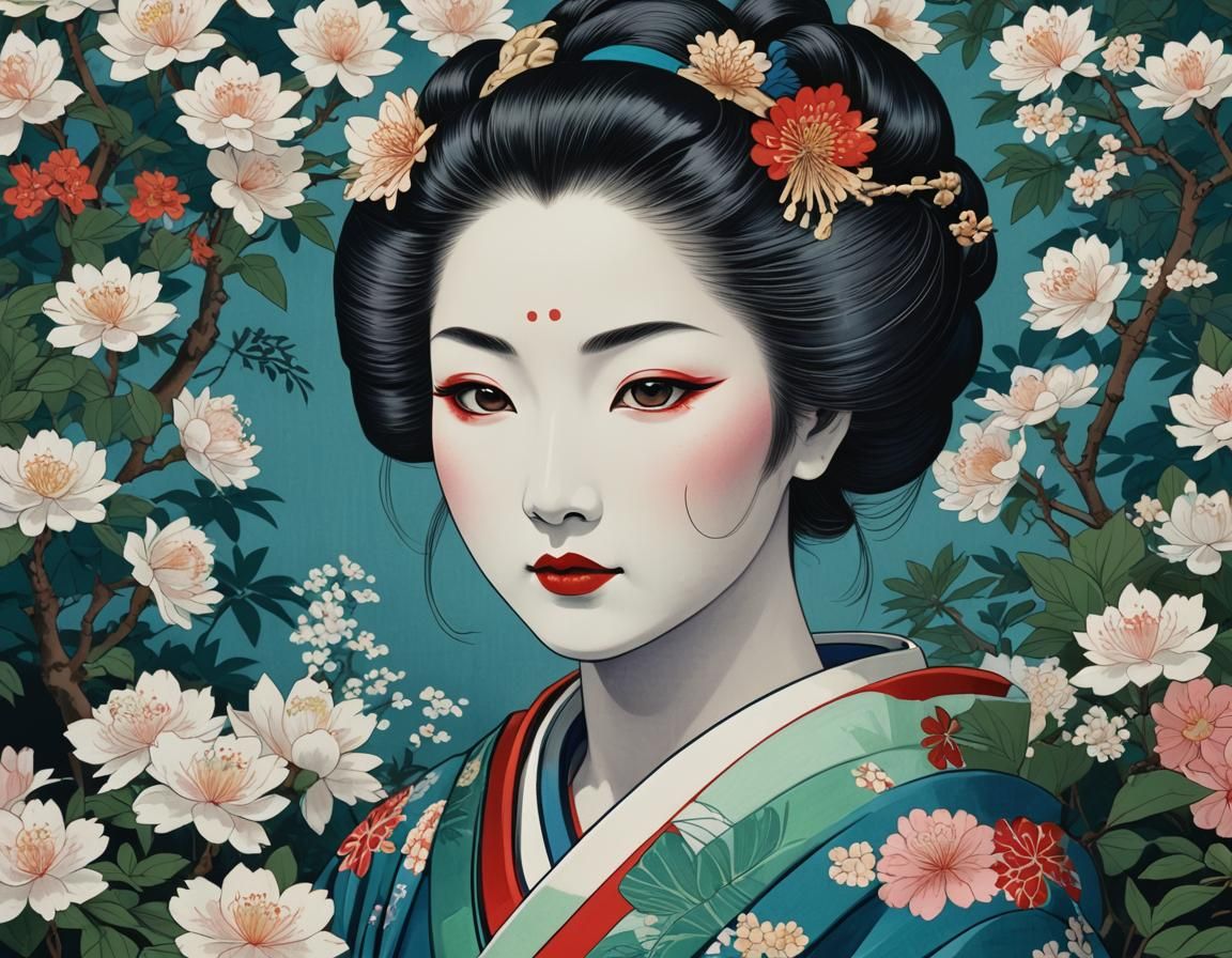 Elegant Geisha in Japanese Garden: Anime Concept Art