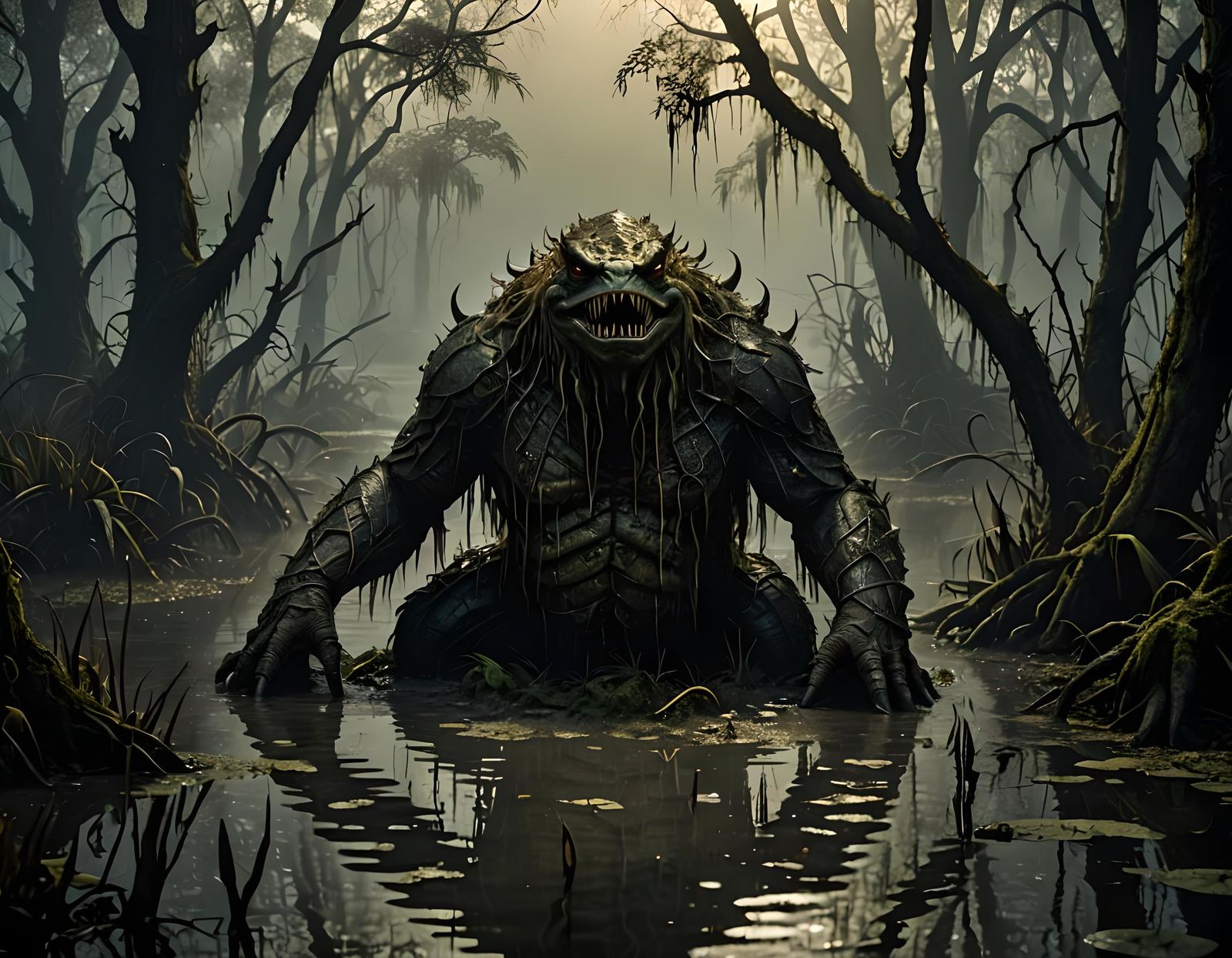 Intricate Swamp Creature in Chiaroscuro Lighting