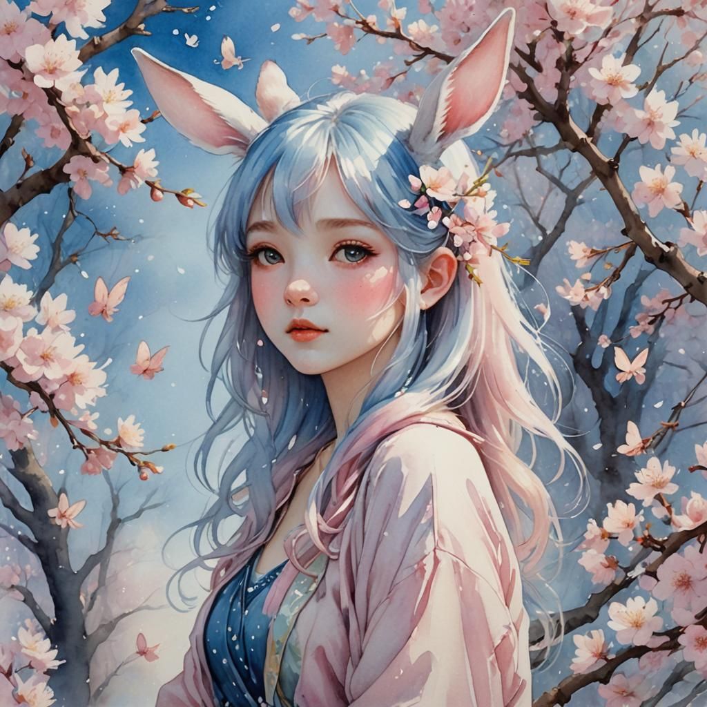 Anime Girl with Rabbit Ears in Cherry Blossoms