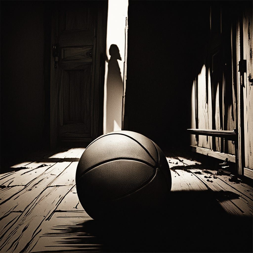 Giant Basketball Rolling in Dark Court: Cinematic Still