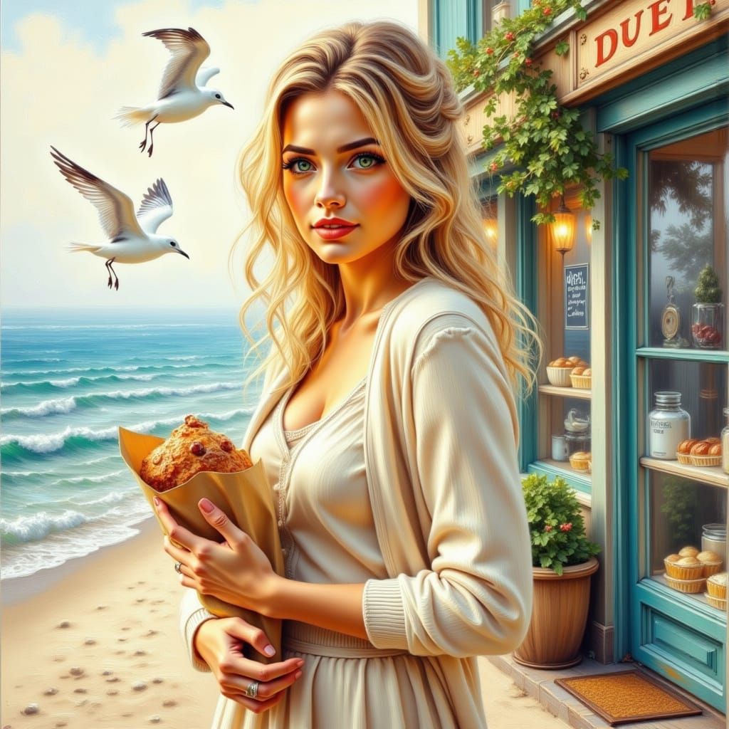 Elegant Woman Outside Seaside Bakery in Impasto Style