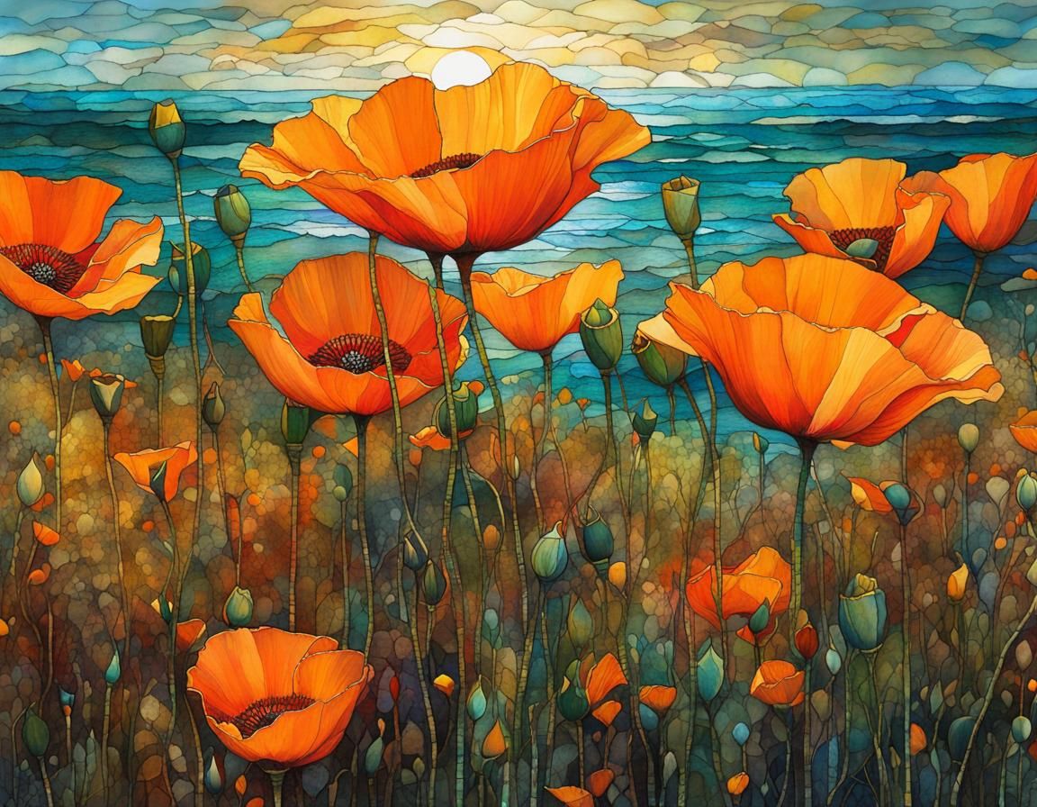 California Poppies Seashore in Stained Glass Art Brut Style