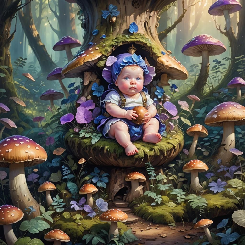 Chubby Baby on Mushroom Throne in Lush Forest