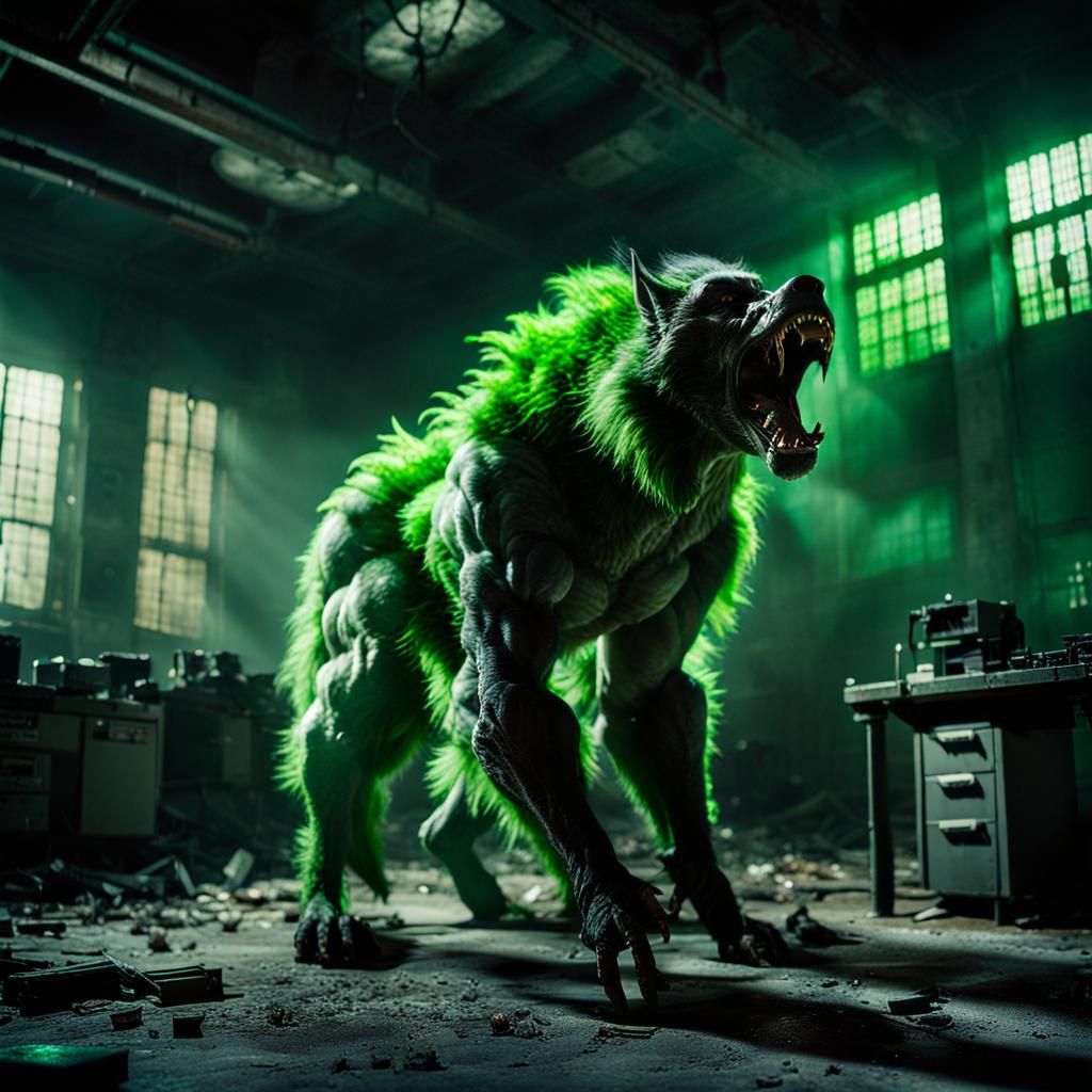 Dramatic Werewolf Howling in Abandoned Lab