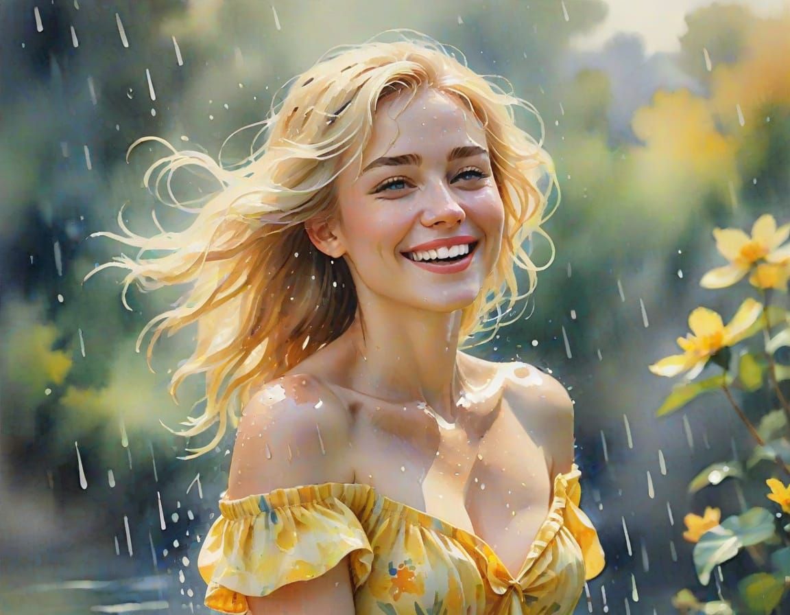 Sunny Young Woman Embracing Rainy Day Delight in Whimsical W...