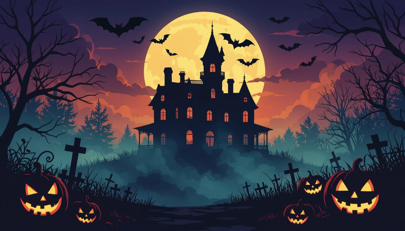 Spooky Halloween Mansion Dual Monitor Wallpaper