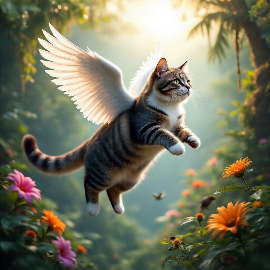 Giant Winged Tabby Cat Flying Over Rainforest