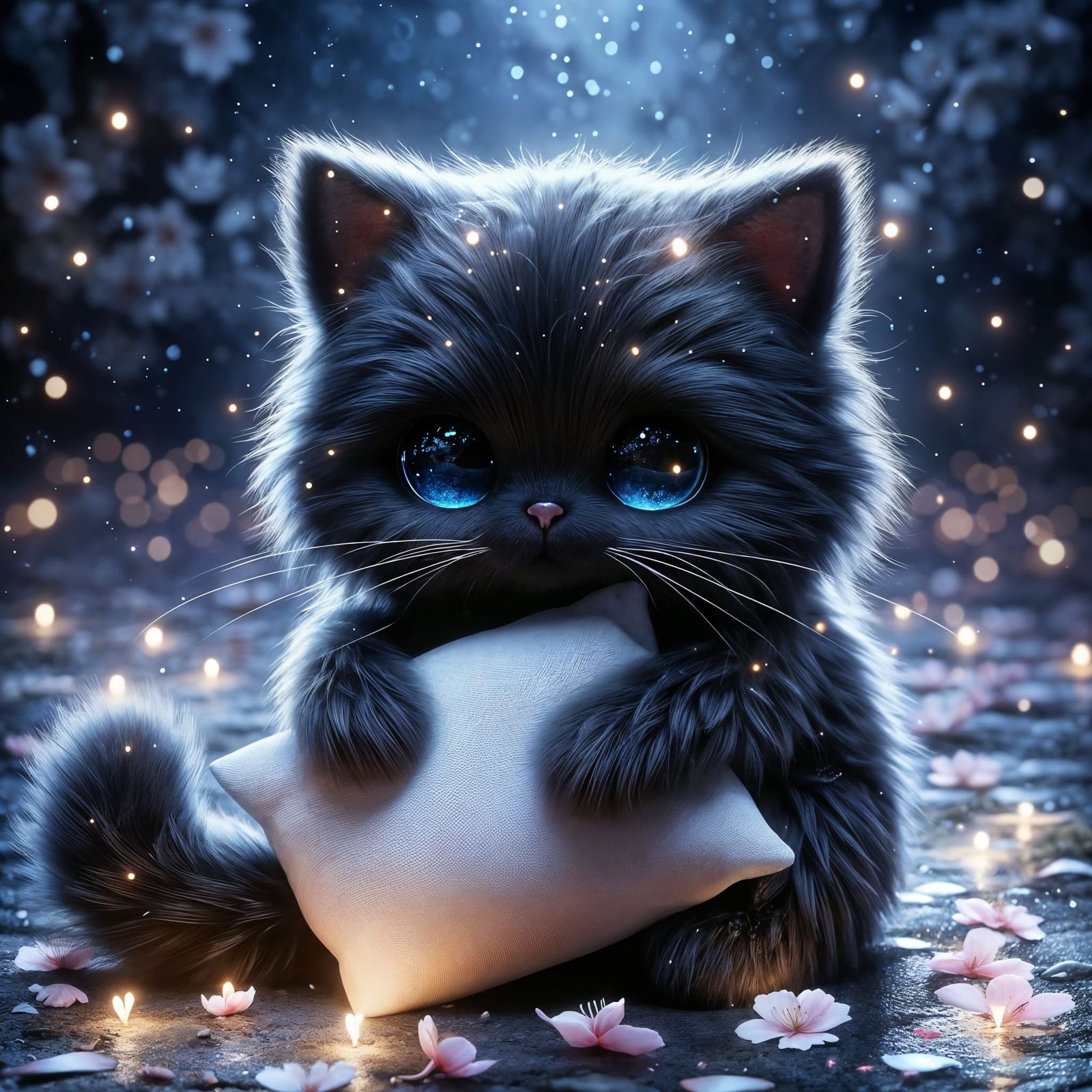 Sad Cat Hugging Pillow Under Sakura Sky