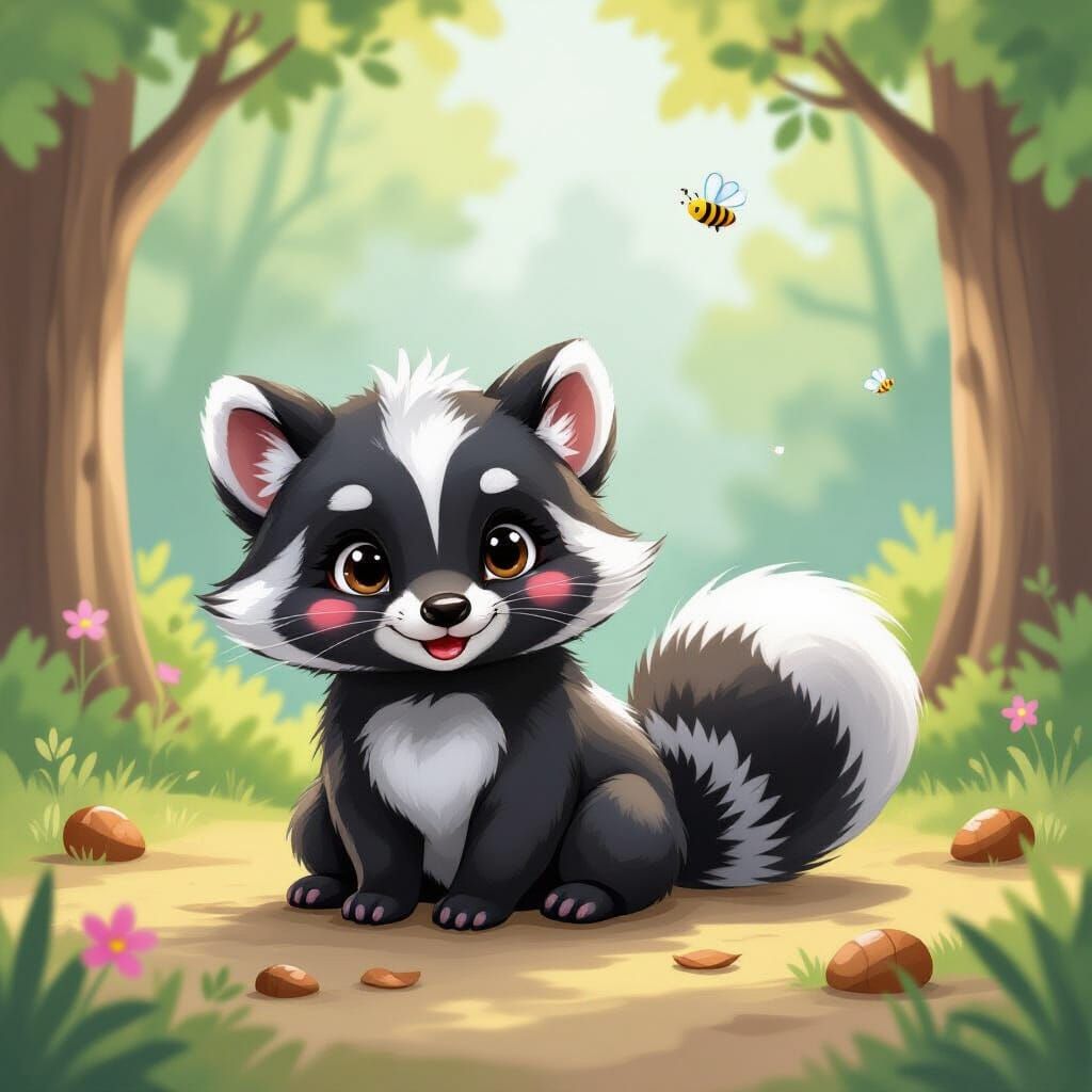 Cute Skunk in Gouache Style Painting