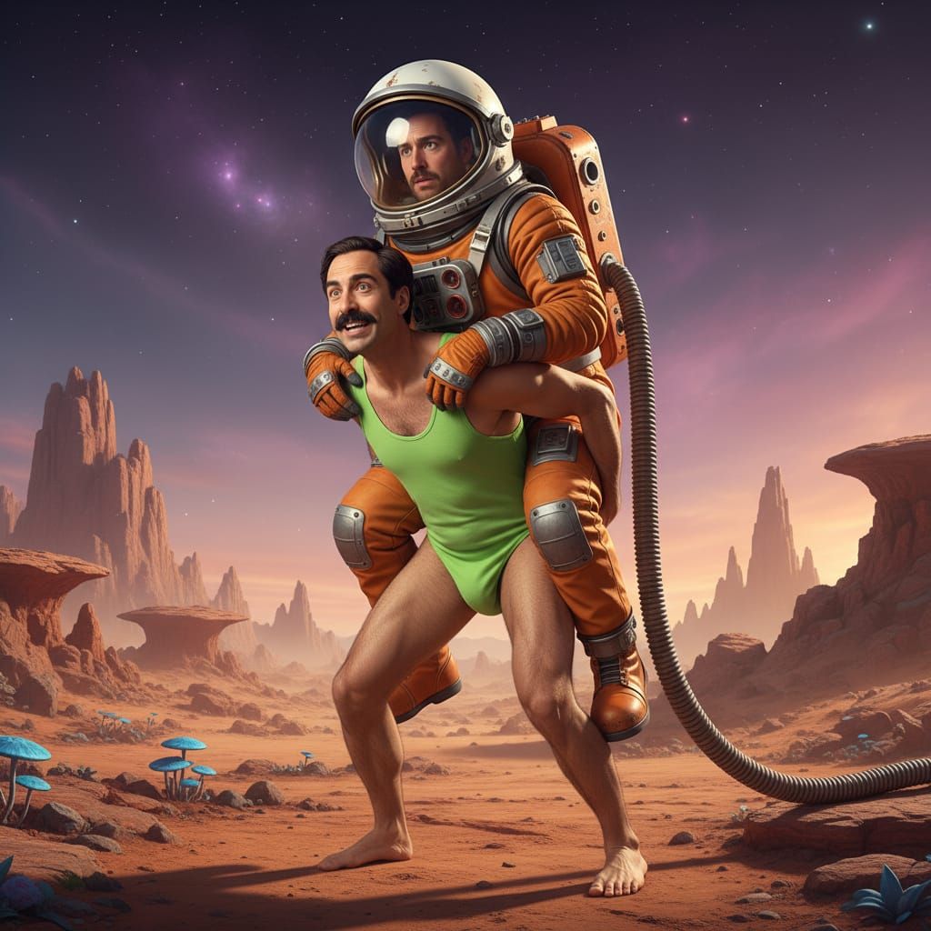 Borat Piggybacks Spaceman in Vintage Orange Spacesuit