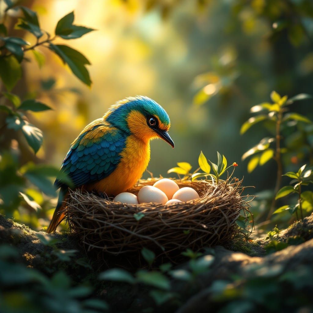 Mother Bird in a Vibrant Forest Scene