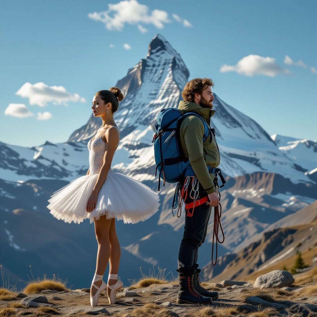 Ballerina and Climber Twins in Surreal Landscape