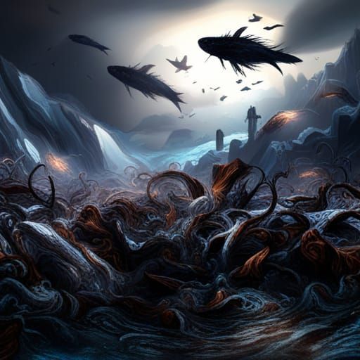 Surreal Landscape with Meteors and Flying Mountains