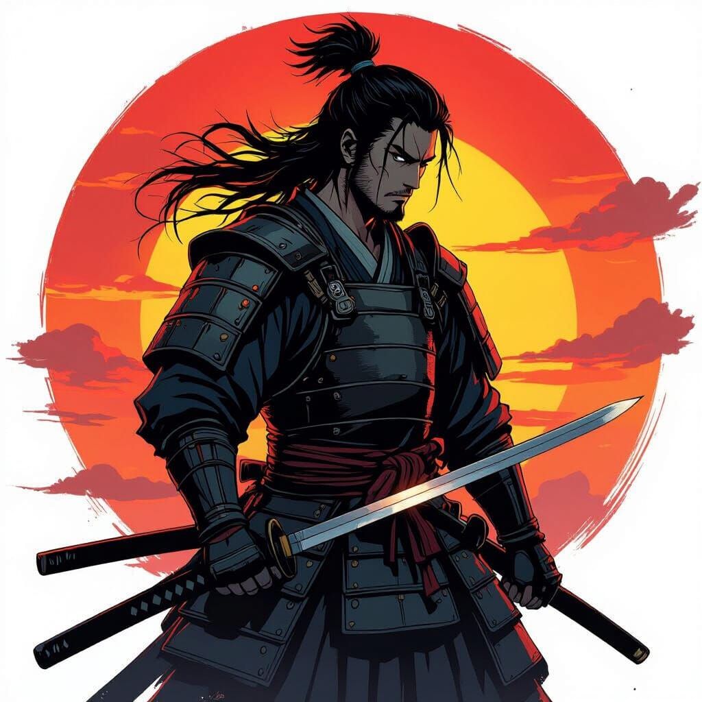 Samurai Warrior Silhouette in Dramatic Manga Style