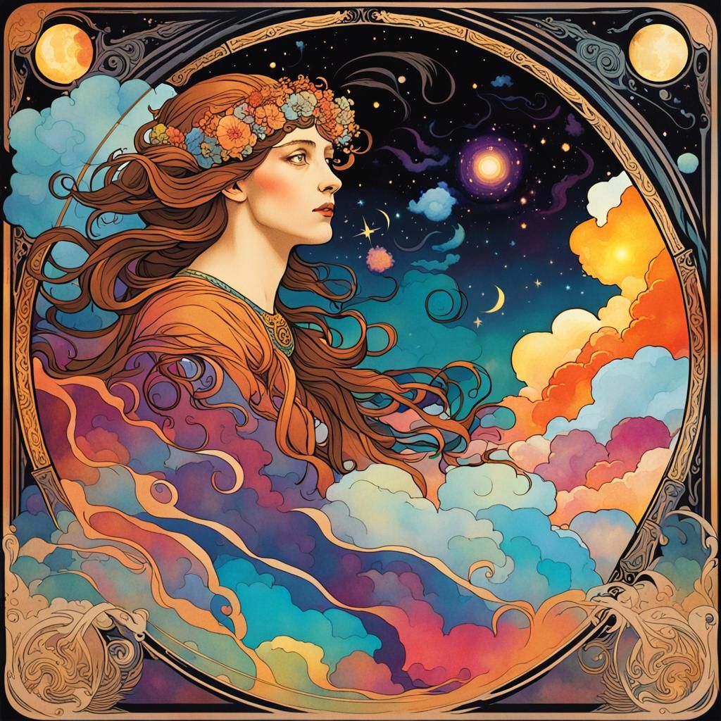 Celestial Being Tarot Card in Art Nouveau Style