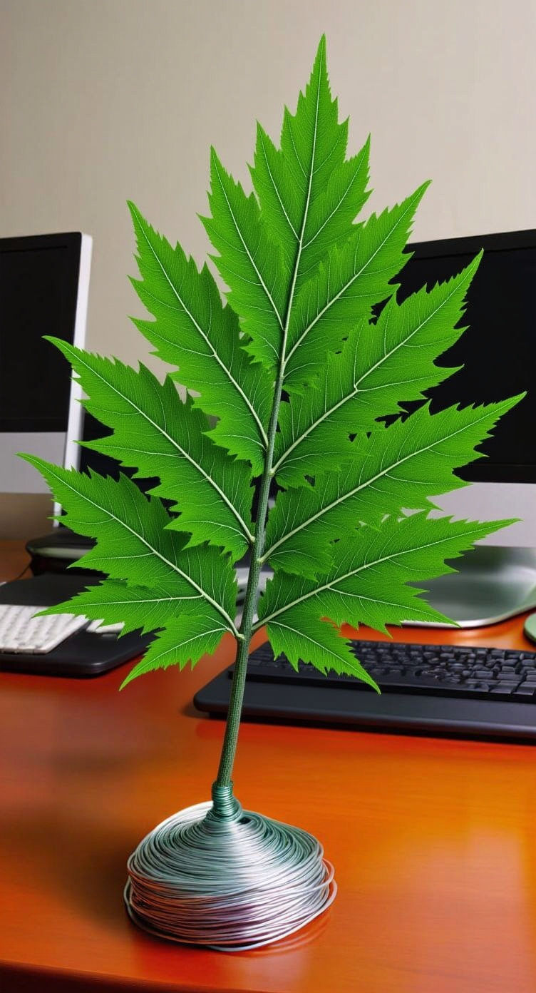 Wire Cannabis Leaf Sculpture in Realistic Photo