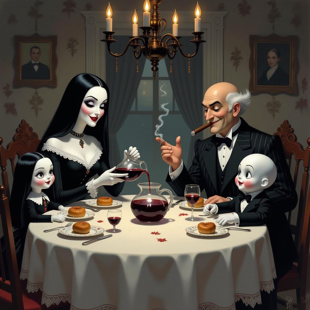 Addams Family Dinner in Norman Rockwell Style