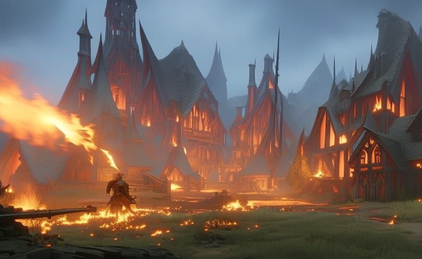 Burning Village: Dark Fantasy Concept Art