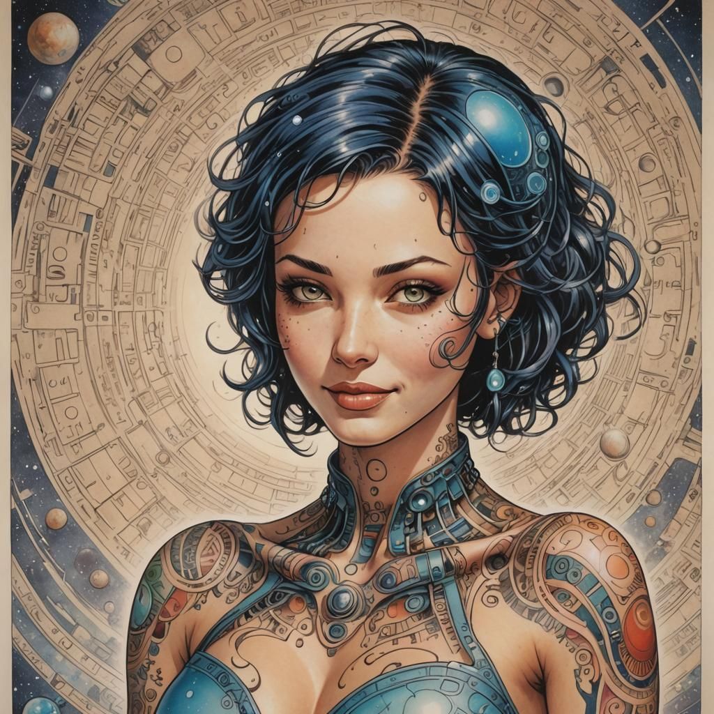 Martian Woman with Tattoos in Binary Code Dream