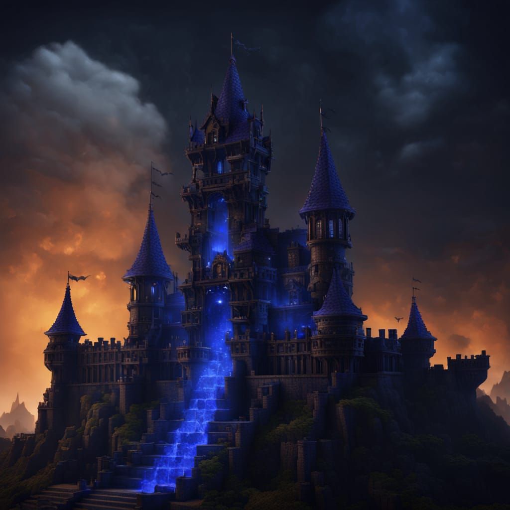 Dark Fantasy Minecraft Castle Under Midnight Blue Flames