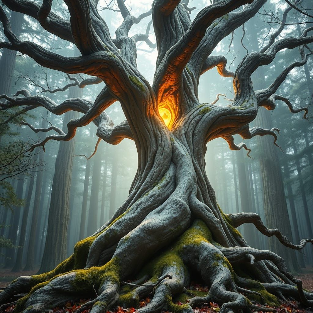 Ancient Tree Radiates Ethereal Light Amidst Mystical Forest